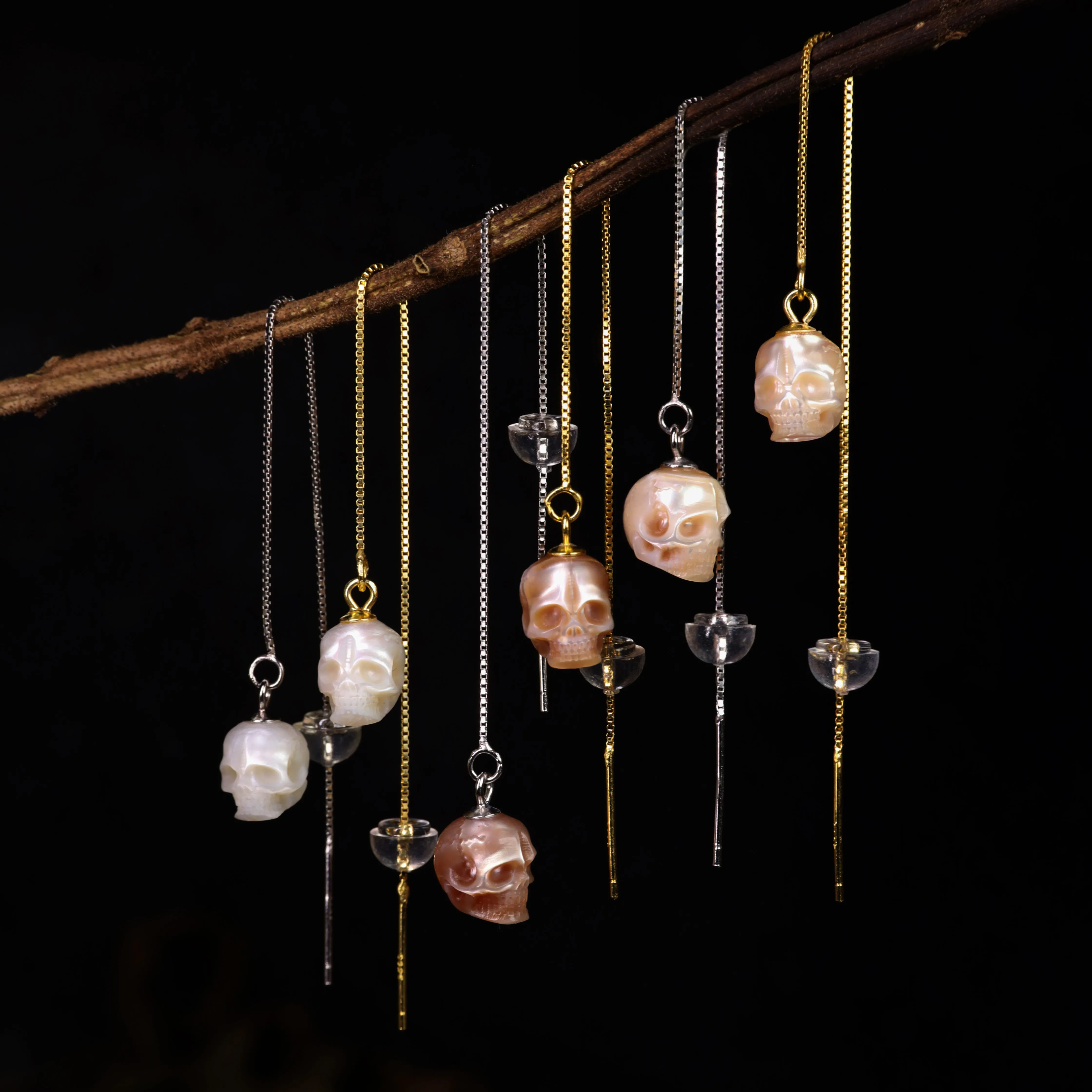 Dainty Pearl Skull Ear Threader Earrings sold by Belle Juri product image thumbnail 2