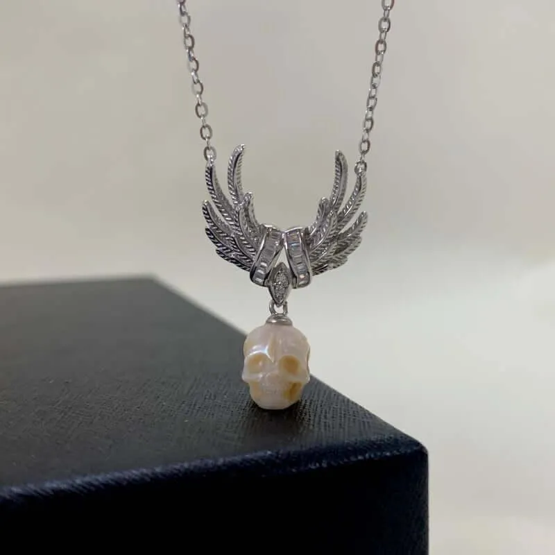 CZ Cluster Feather Wings Pearl Skull Necklace sold by Belle Juri product image thumbnail 2