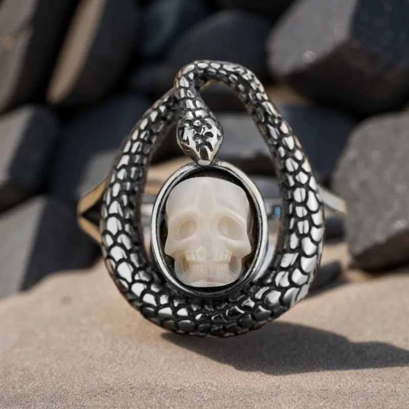 Pearl Skull Bezel Snake Split Band Animal Ring sold by Belle Juri