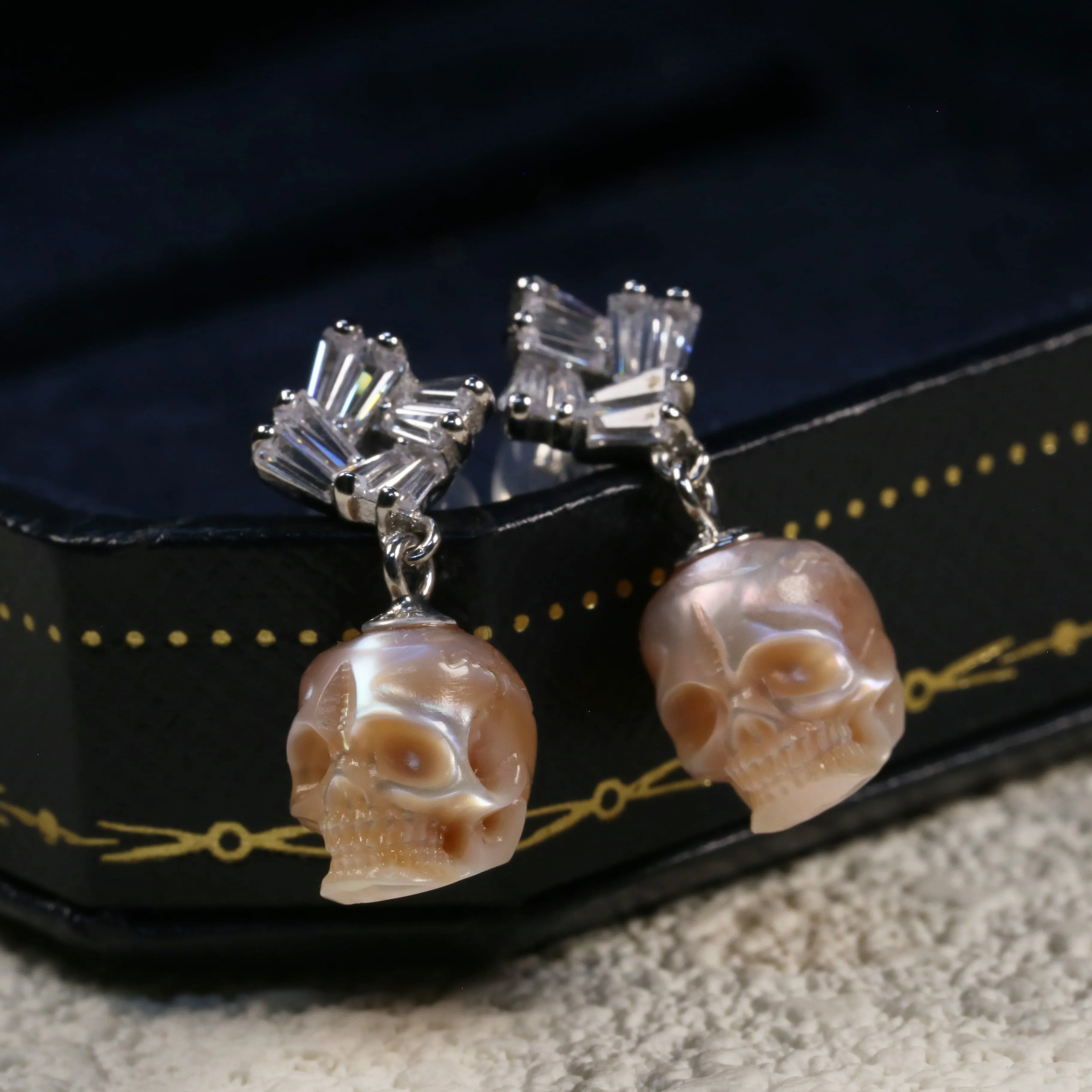Baguette Cut Square CZ Pearl Skull Earrings sold by Belle Juri