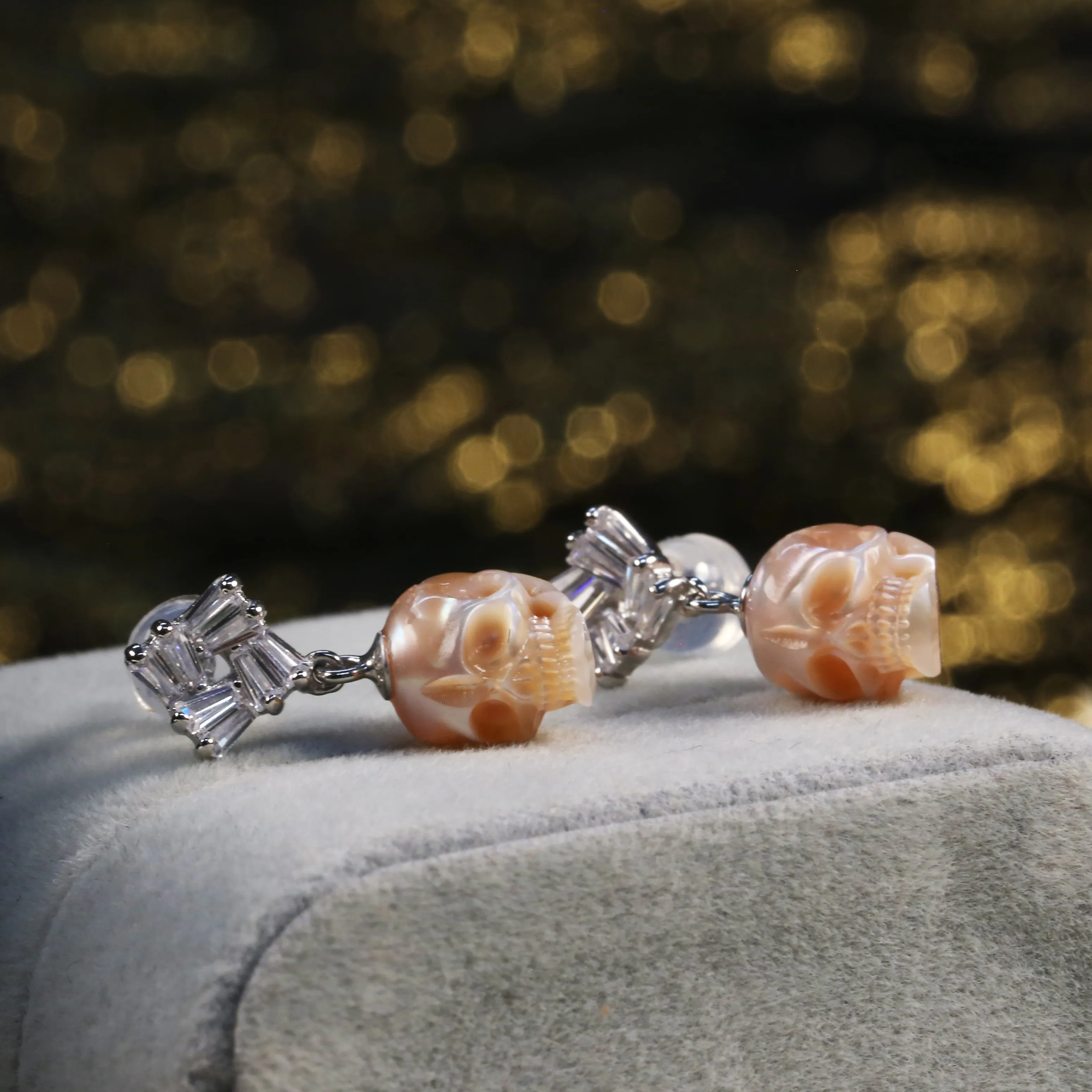 Baguette Cut Square CZ Pearl Skull Earrings sold by Belle Juri product image thumbnail 3