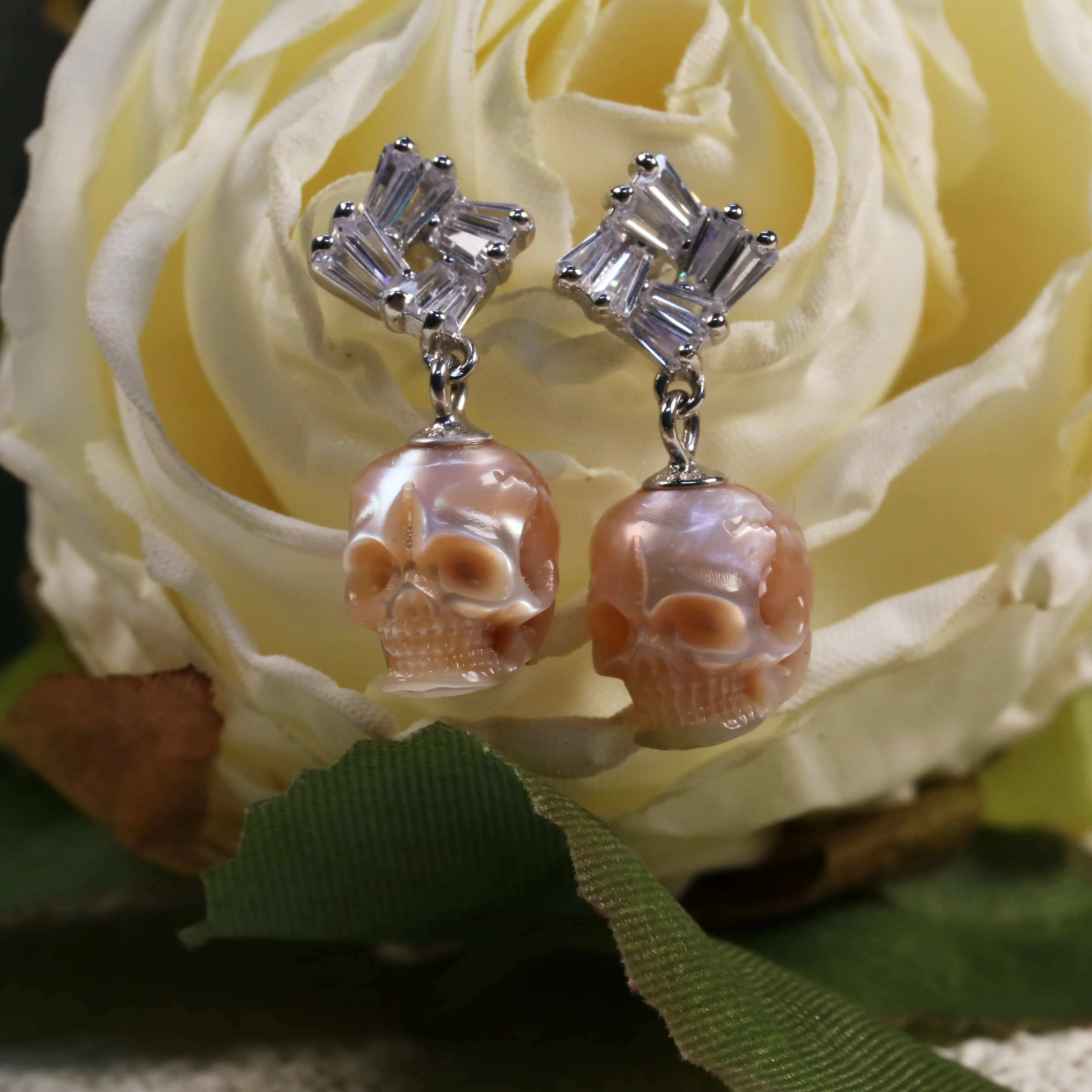 Baguette Cut Square CZ Pearl Skull Earrings sold by Belle Juri product image thumbnail 2