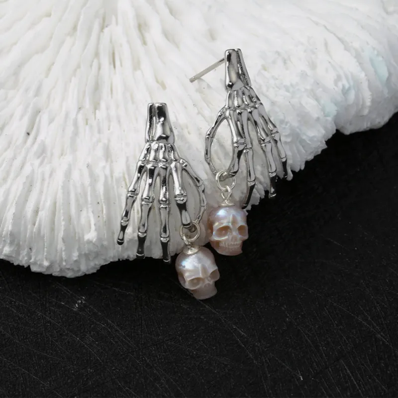 Punk Skeleton Hand Pearl Skull Dangle Earrings sold by Belle Juri