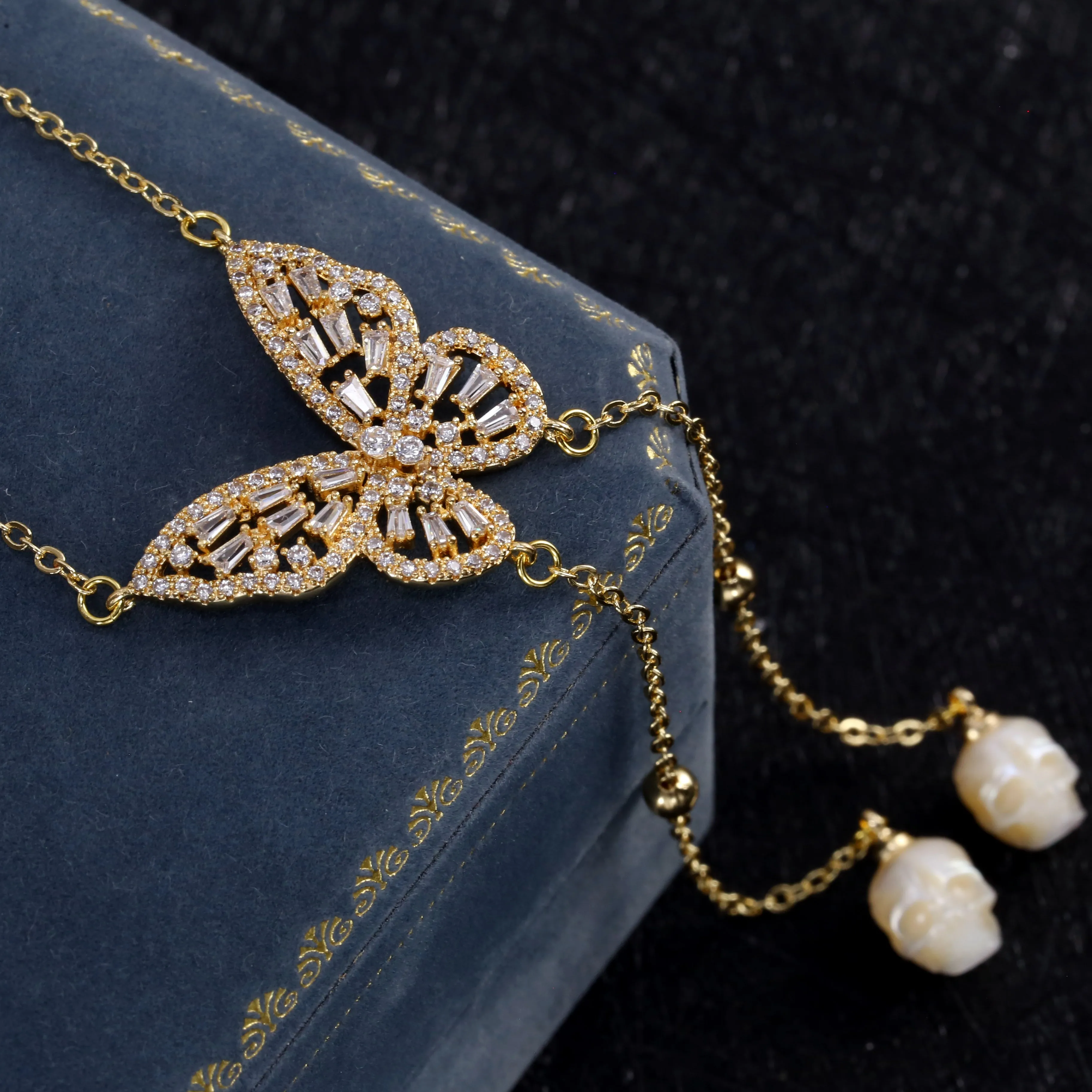 Golden Butterfly Gemstone Skull Pearl CZ Pendant Necklace sold by Belle Juri product image thumbnail 2