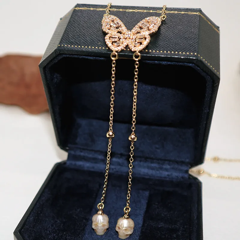 Golden Butterfly Gemstone Skull Pearl CZ Pendant Necklace sold by Belle Juri product image thumbnail 4