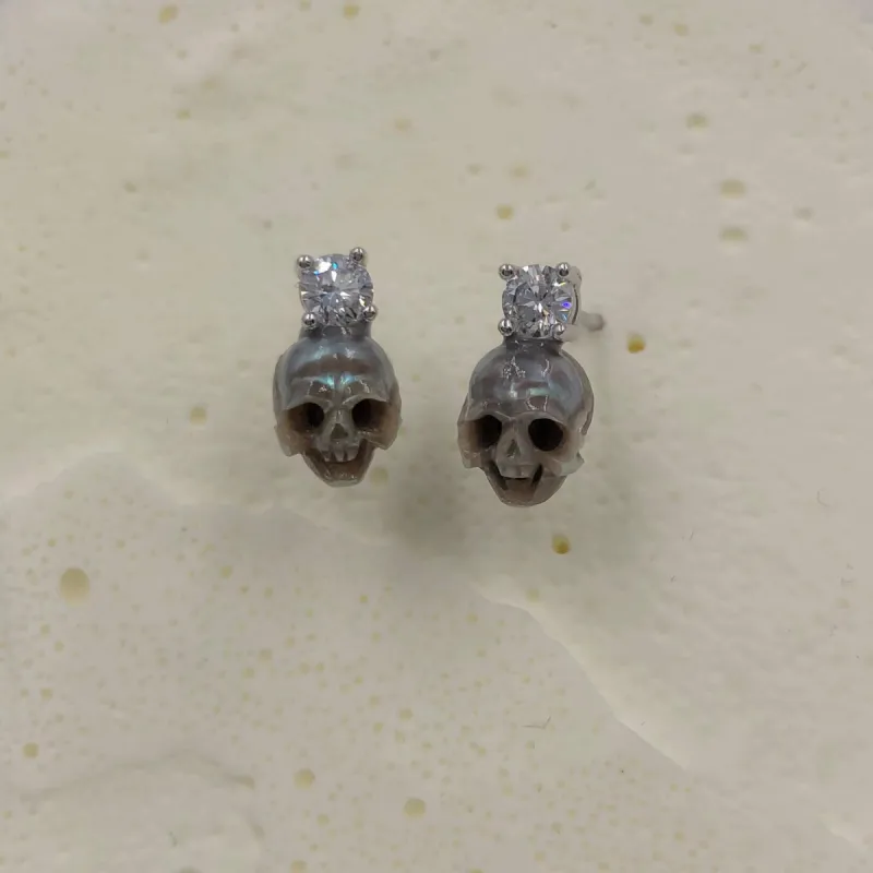 Simple Pearl Skull Inlaid Gemstone Stud Earrings sold by Belle Juri