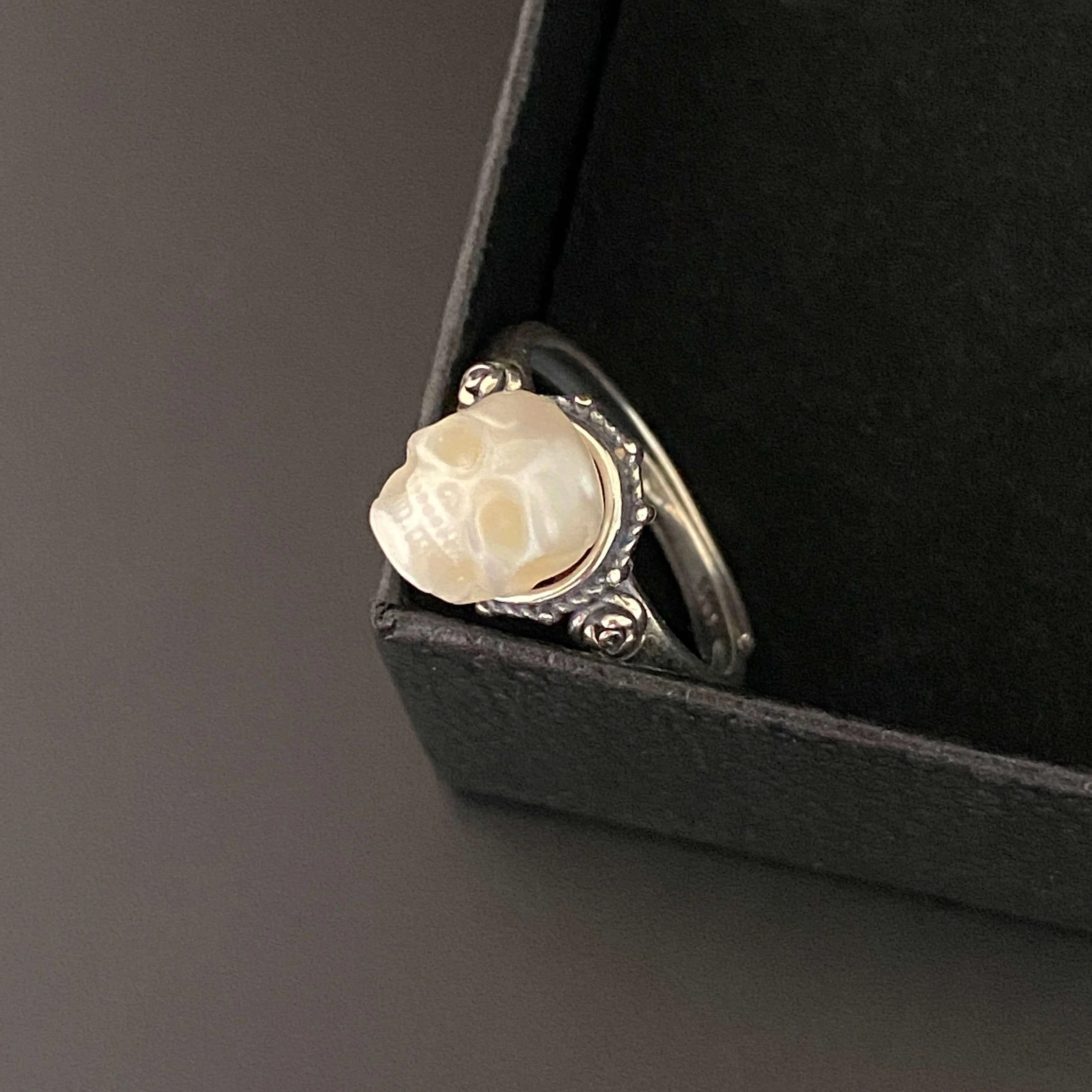 Art Deco Floral Pearl Skull Rose Carving Ring sold by Belle Juri product image thumbnail 2
