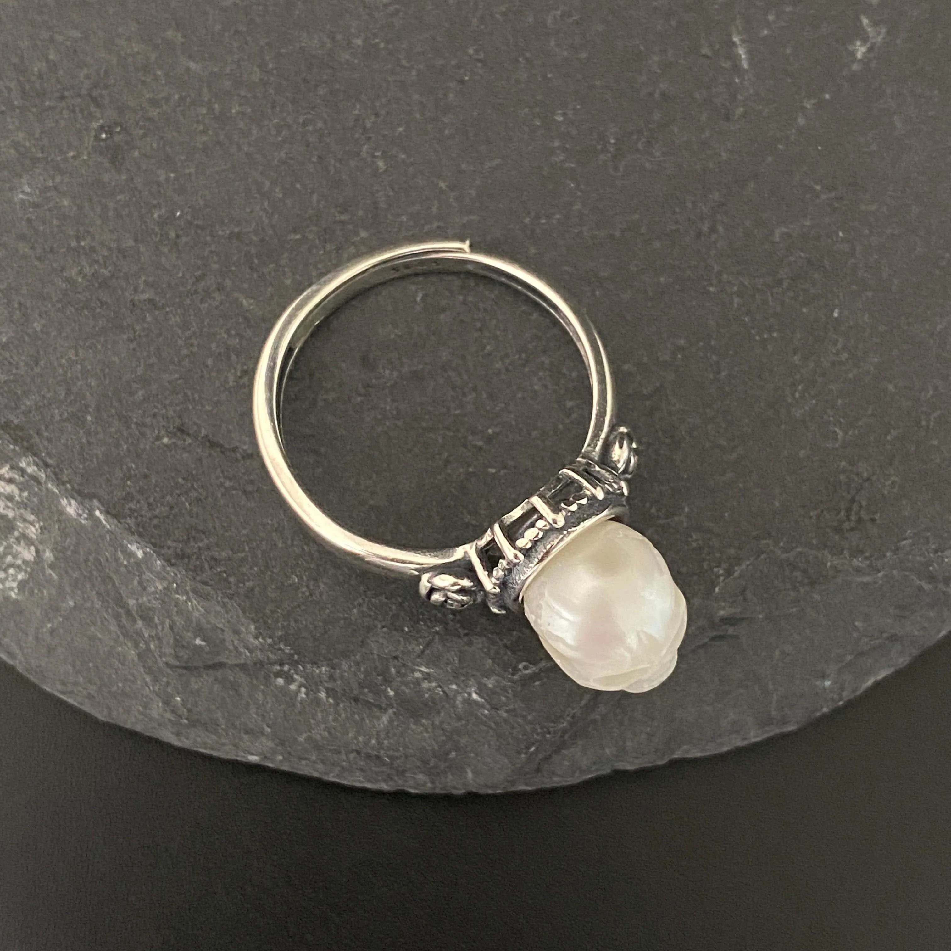 Art Deco Floral Pearl Skull Rose Carving Ring sold by Belle Juri product image thumbnail 3