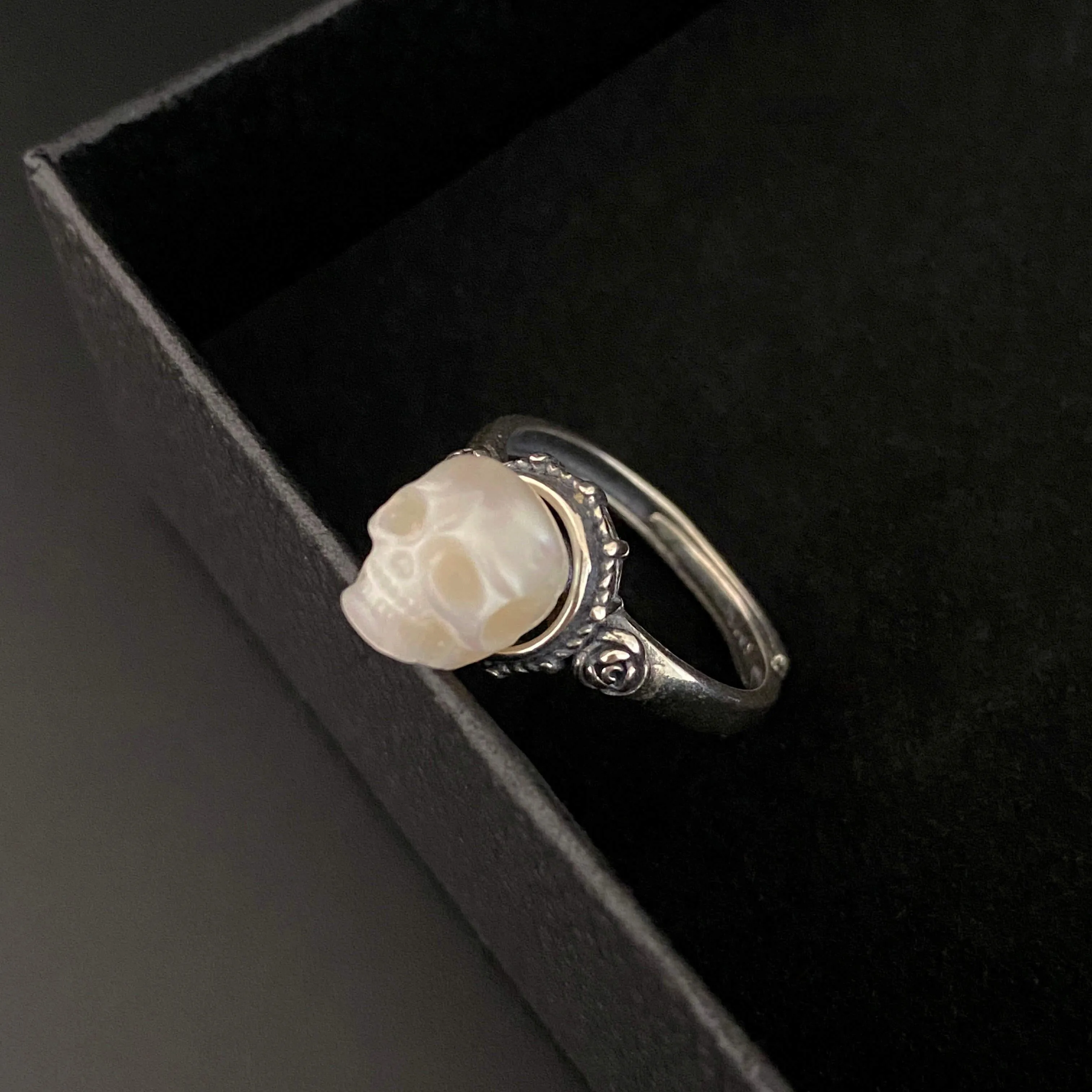 Art Deco Floral Pearl Skull Rose Carving Ring sold by Belle Juri