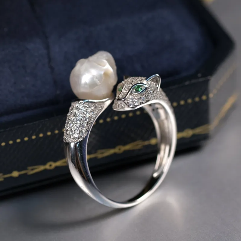 Silver Zircon Adorned Panther & Pearl Skull Animal Ring sold by Belle Juri