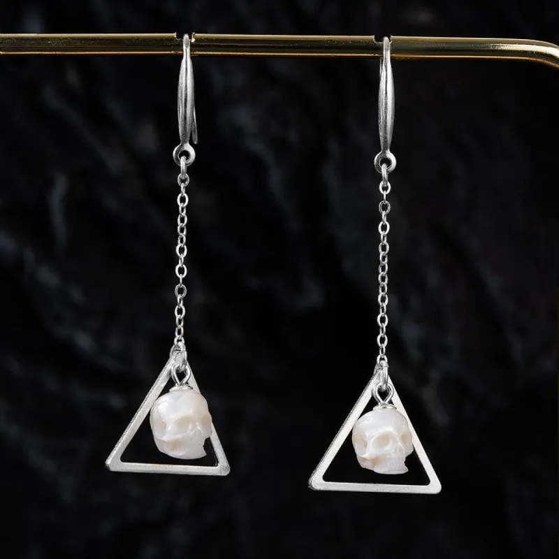 Geometric Pearl Skull Triangle Openwork Dangle Earrings sold by Belle Juri