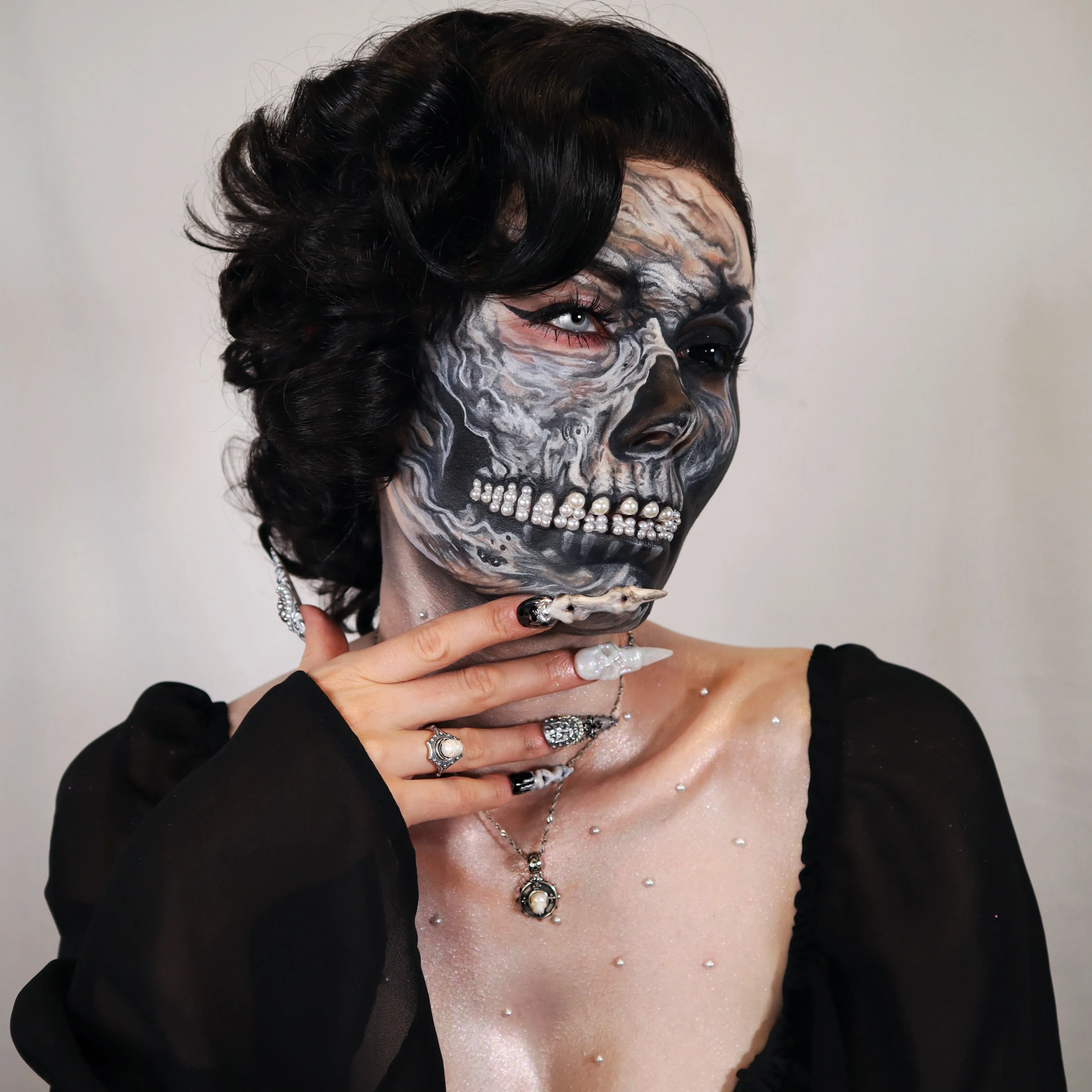 Baroque Carving Pearl Skull Royal Circle Shield Necklace sold by Belle Juri product image thumbnail 2