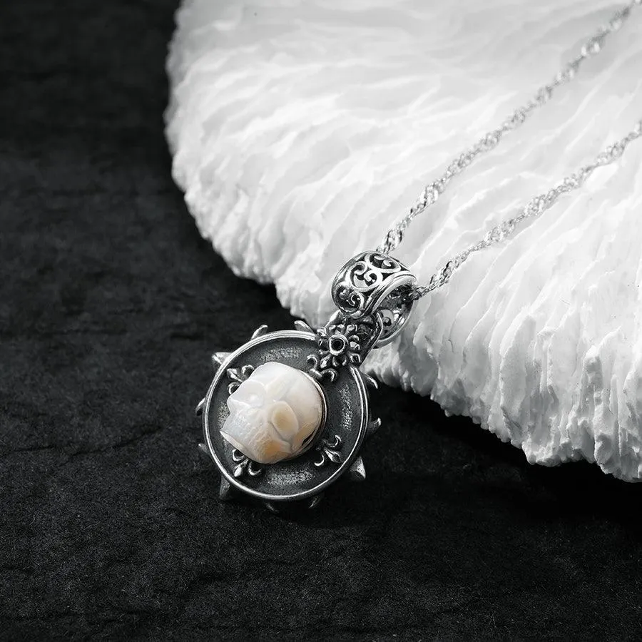 Baroque Carving Pearl Skull Royal Circle Shield Necklace sold by Belle Juri