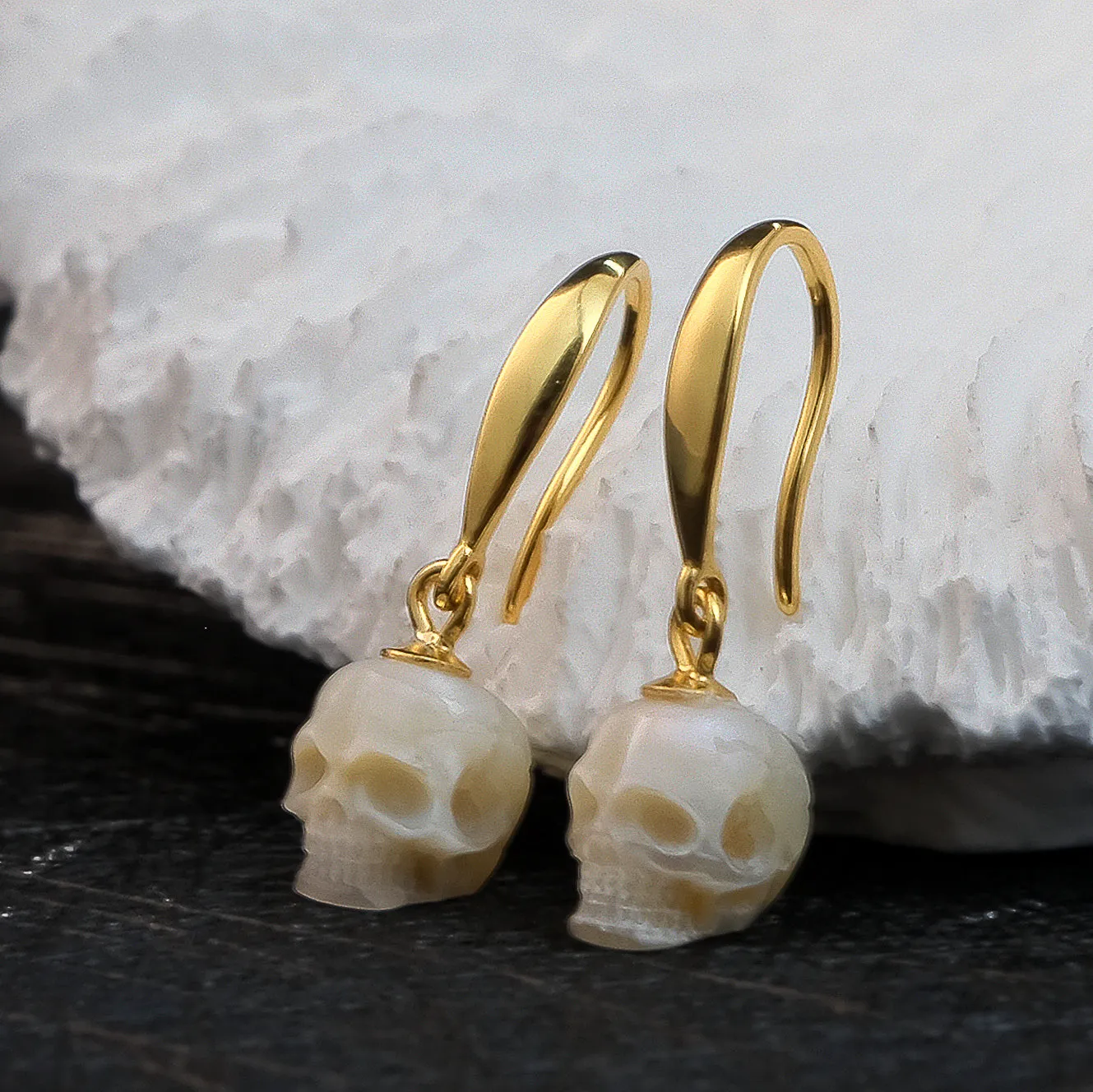 Tapered Pearl Skull Dangle Hook Earrings sold by Belle Juri