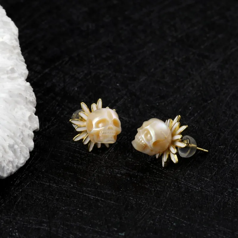 Golden Daisy Floral Pearl Skull Stud Earrings sold by Belle Juri