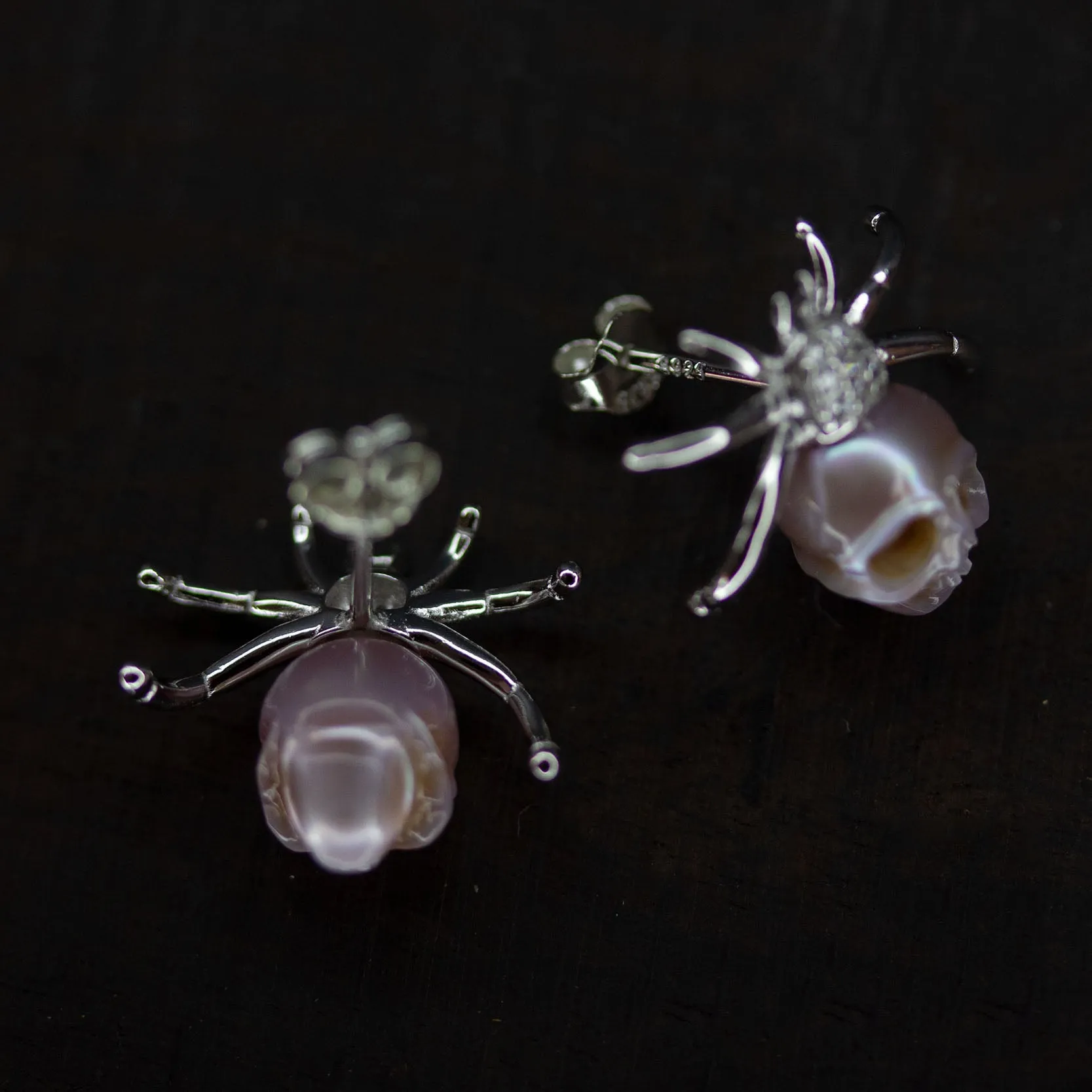 Hand-Carved Pearl Skull Spider Stud Earrings sold by Belle Juri product image thumbnail 4