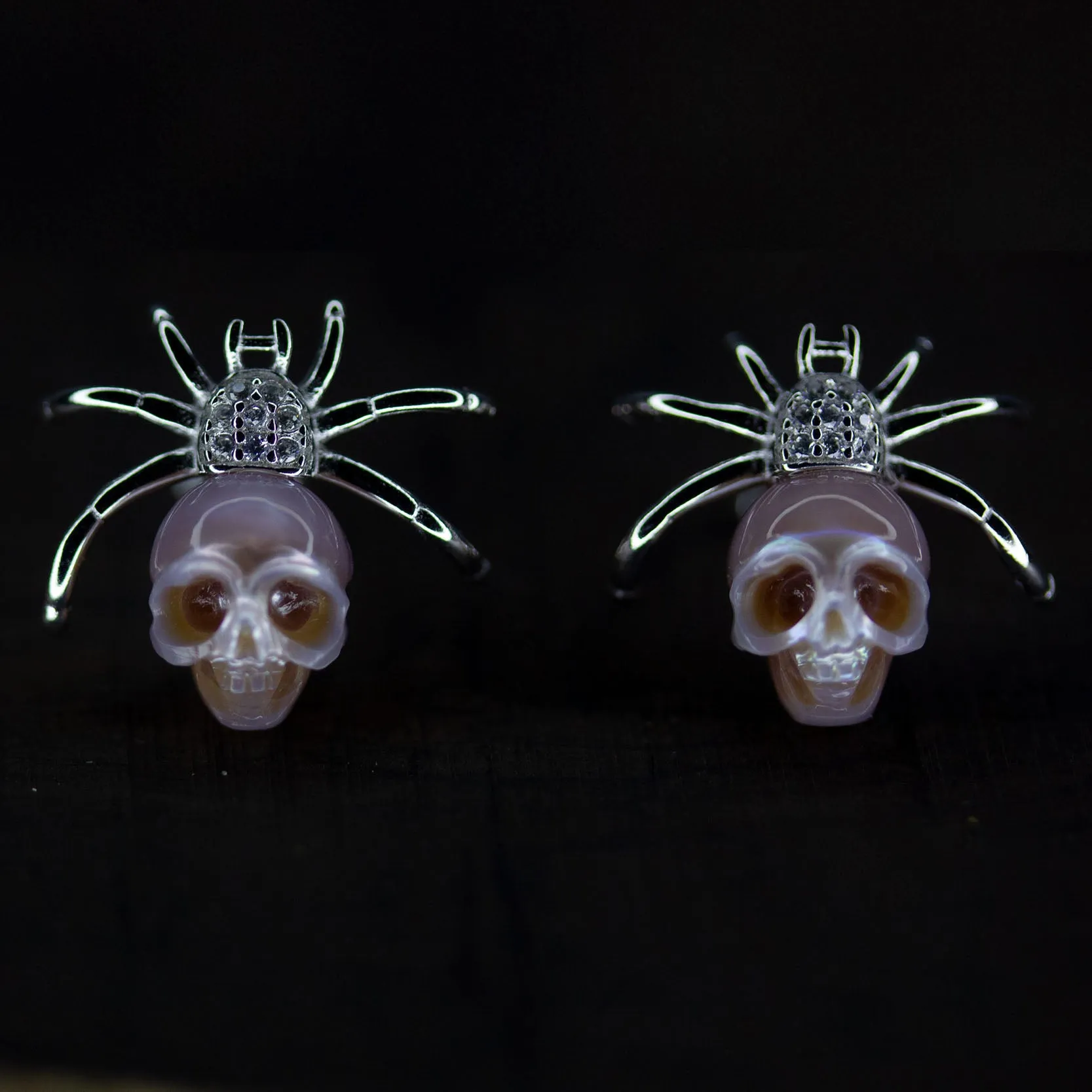 Hand-Carved Pearl Skull Spider Stud Earrings sold by Belle Juri product image thumbnail 3