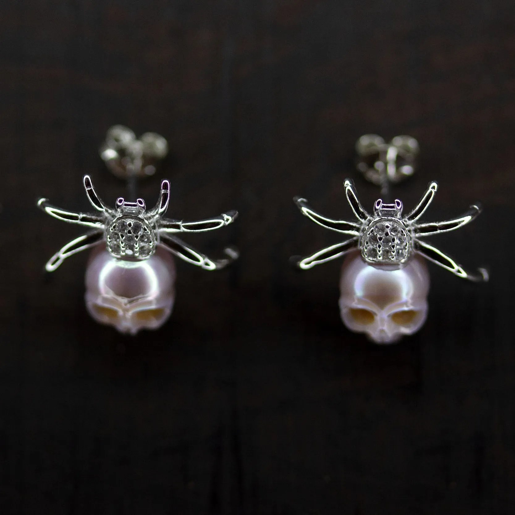 Hand-Carved Pearl Skull Spider Stud Earrings sold by Belle Juri product image thumbnail 5