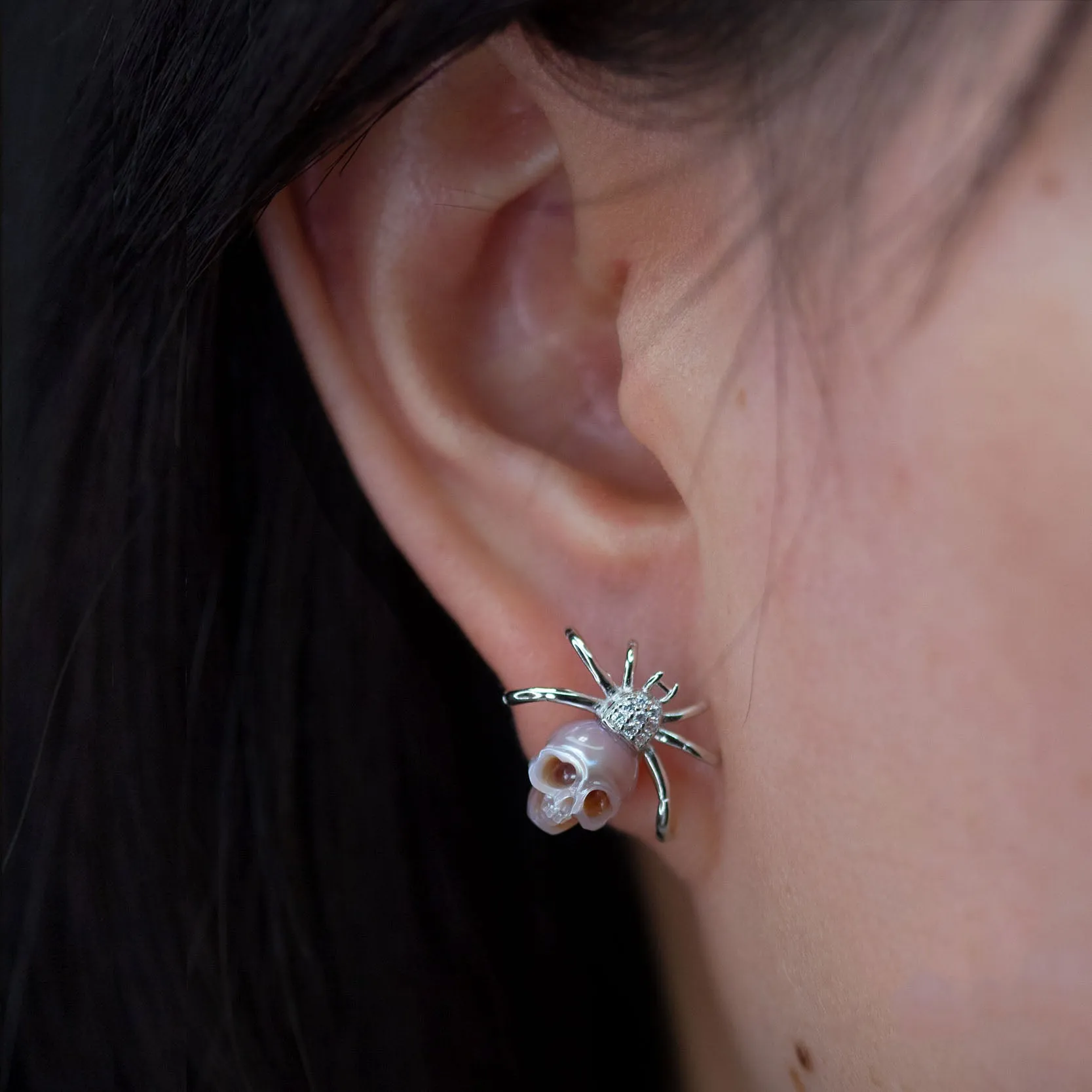 Hand-Carved Pearl Skull Spider Stud Earrings sold by Belle Juri product image thumbnail 2