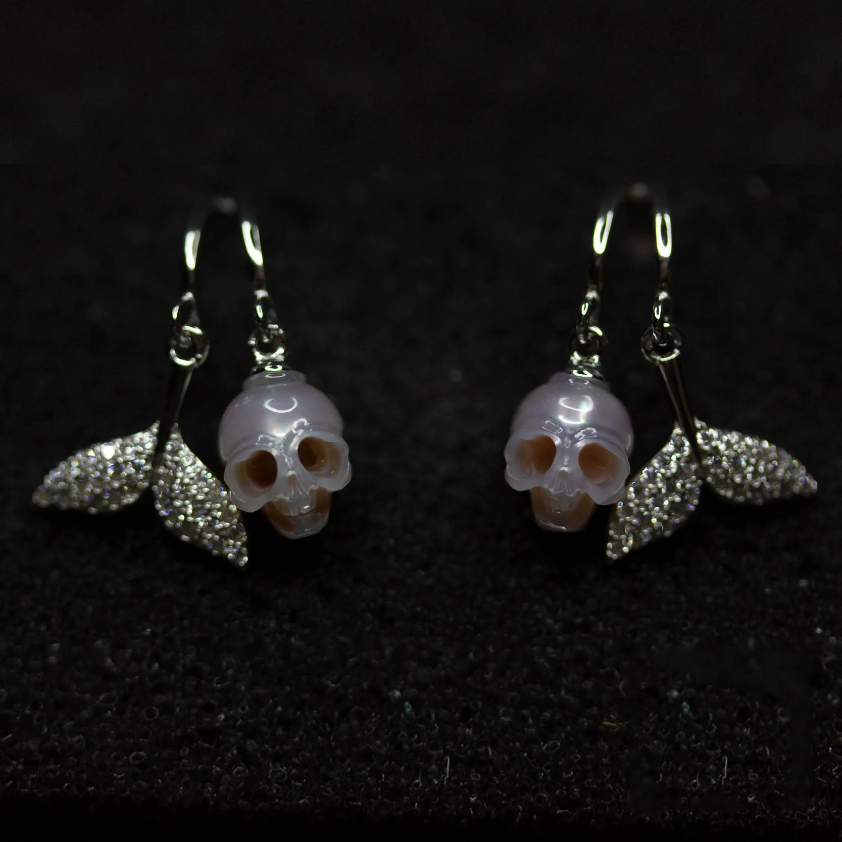Hand-Carved Pearl Skull Mermaid Earrings with Zircon Tail sold by Belle Juri product image thumbnail 2