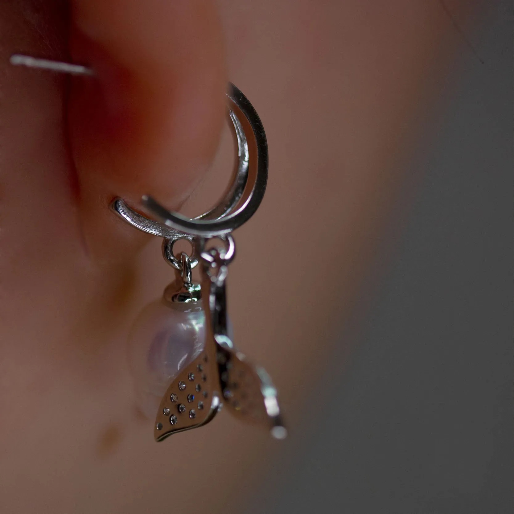 Hand-Carved Pearl Skull Mermaid Earrings with Zircon Tail sold by Belle Juri product image thumbnail 5