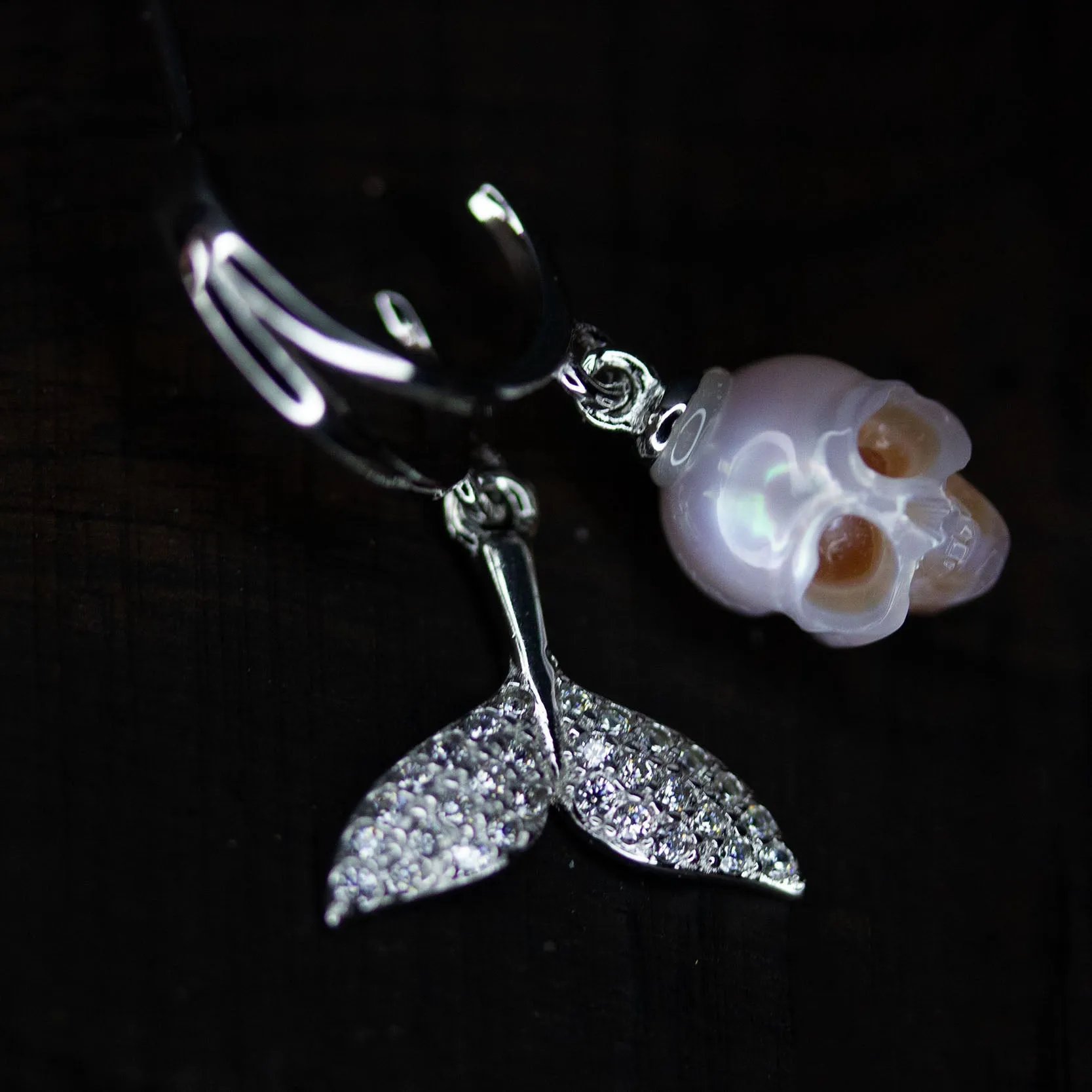 Hand-Carved Pearl Skull Mermaid Earrings with Zircon Tail sold by Belle Juri product image thumbnail 4