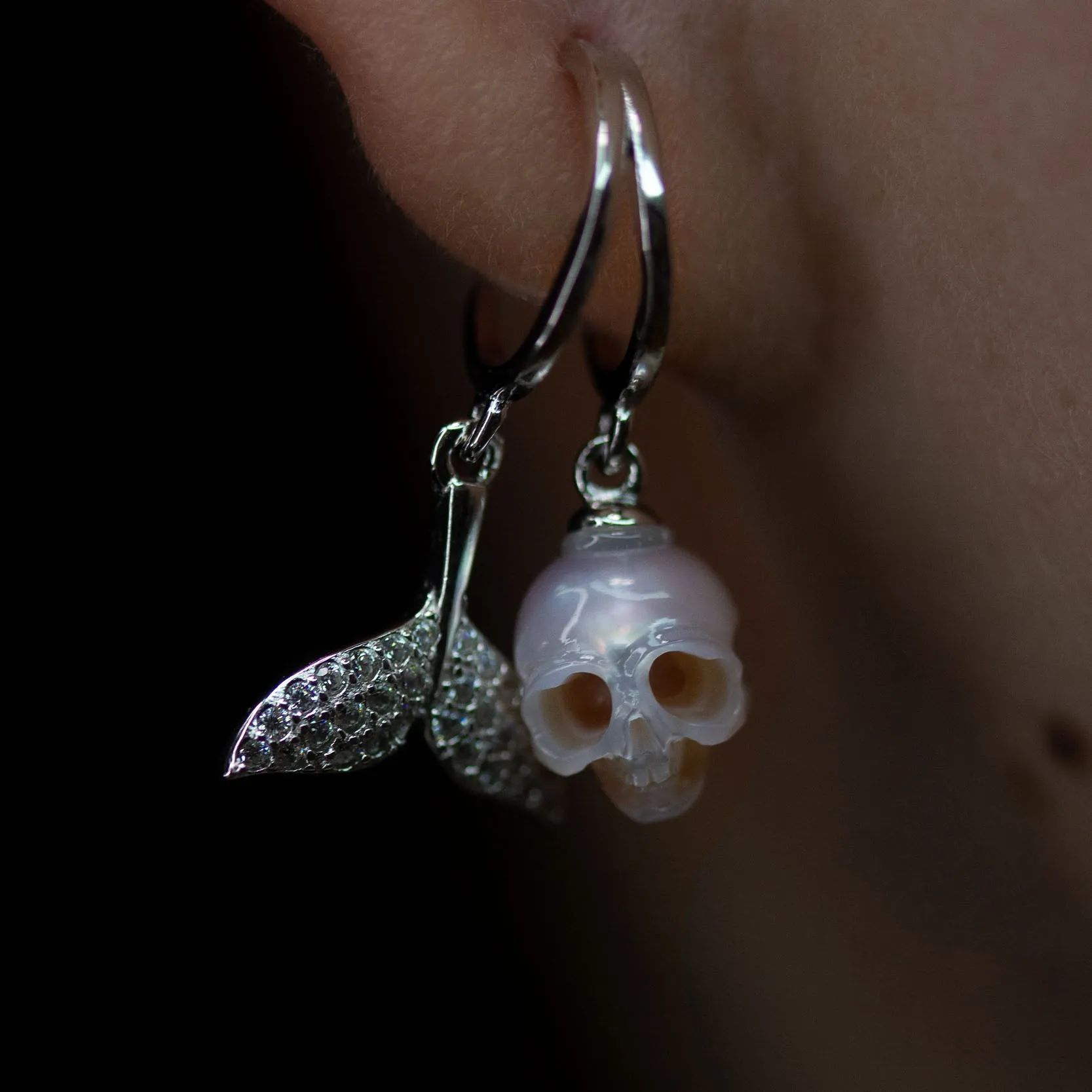 Hand-Carved Pearl Skull Mermaid Earrings with Zircon Tail sold by Belle Juri product image thumbnail 3