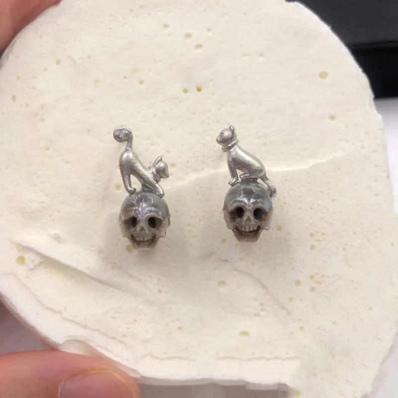 Whimsical Cat on Pearl Skull Stud Earrings sold by Belle Juri