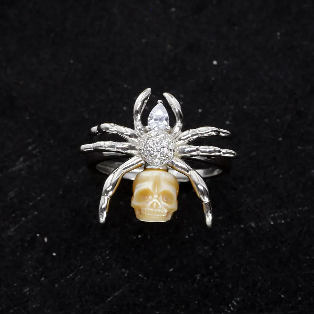 Pear Cut Stone Spider Pearl Skull Ring sold by Belle Juri product image thumbnail 2