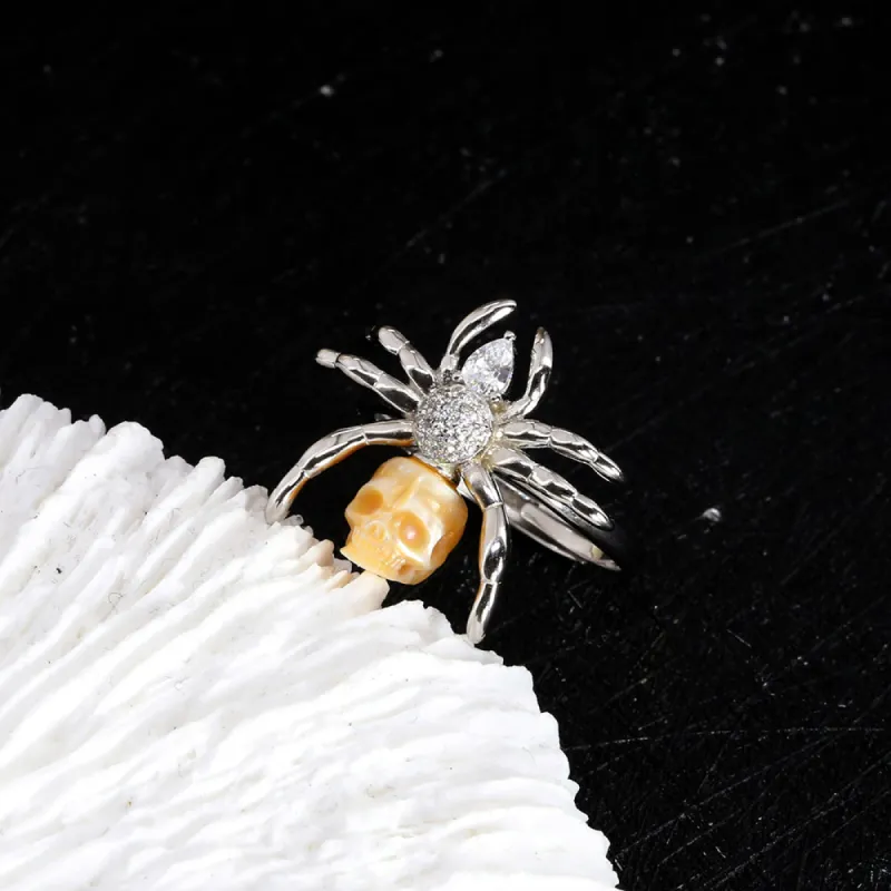 Pear Cut Stone Spider Pearl Skull Ring sold by Belle Juri