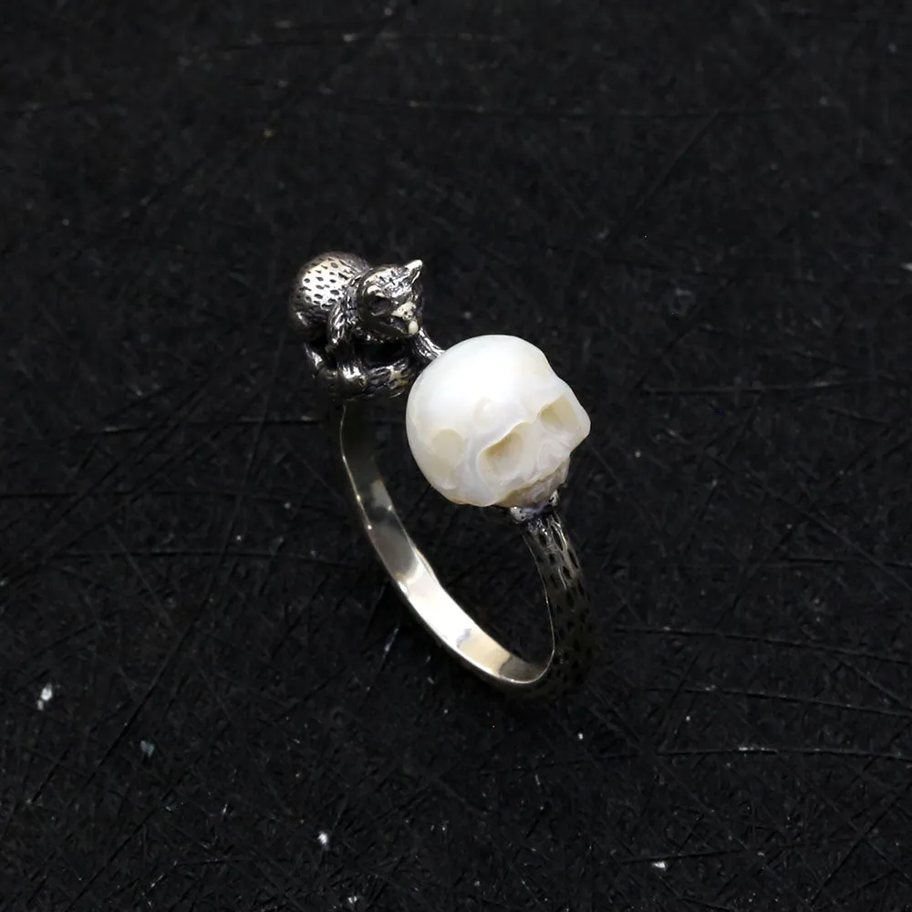 Celestial Cat Pearl Skull Ring sold by Belle Juri