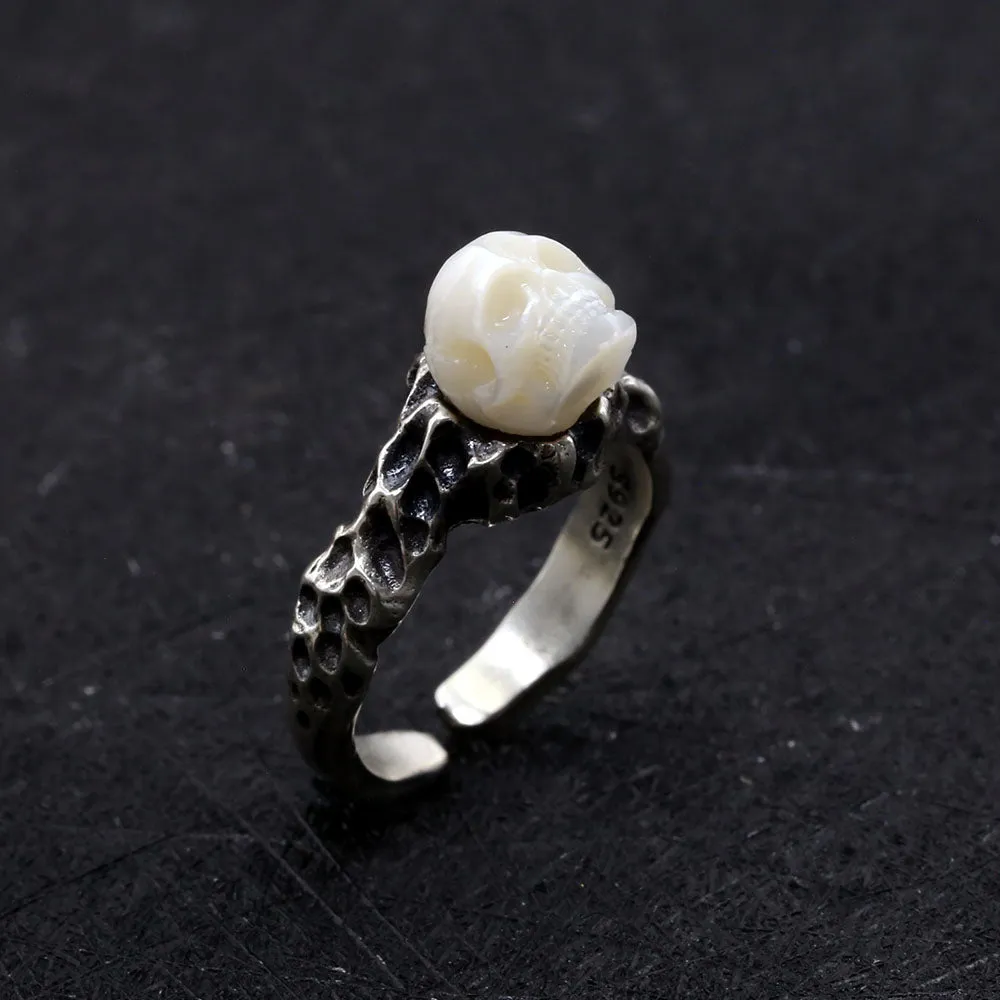 Distressed Crater Texture Pearl Skull Ring sold by Belle Juri