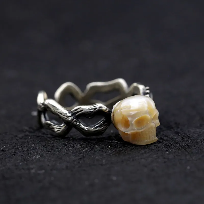 Vintage Leaf Branch Pearl Skull Ring sold by Belle Juri