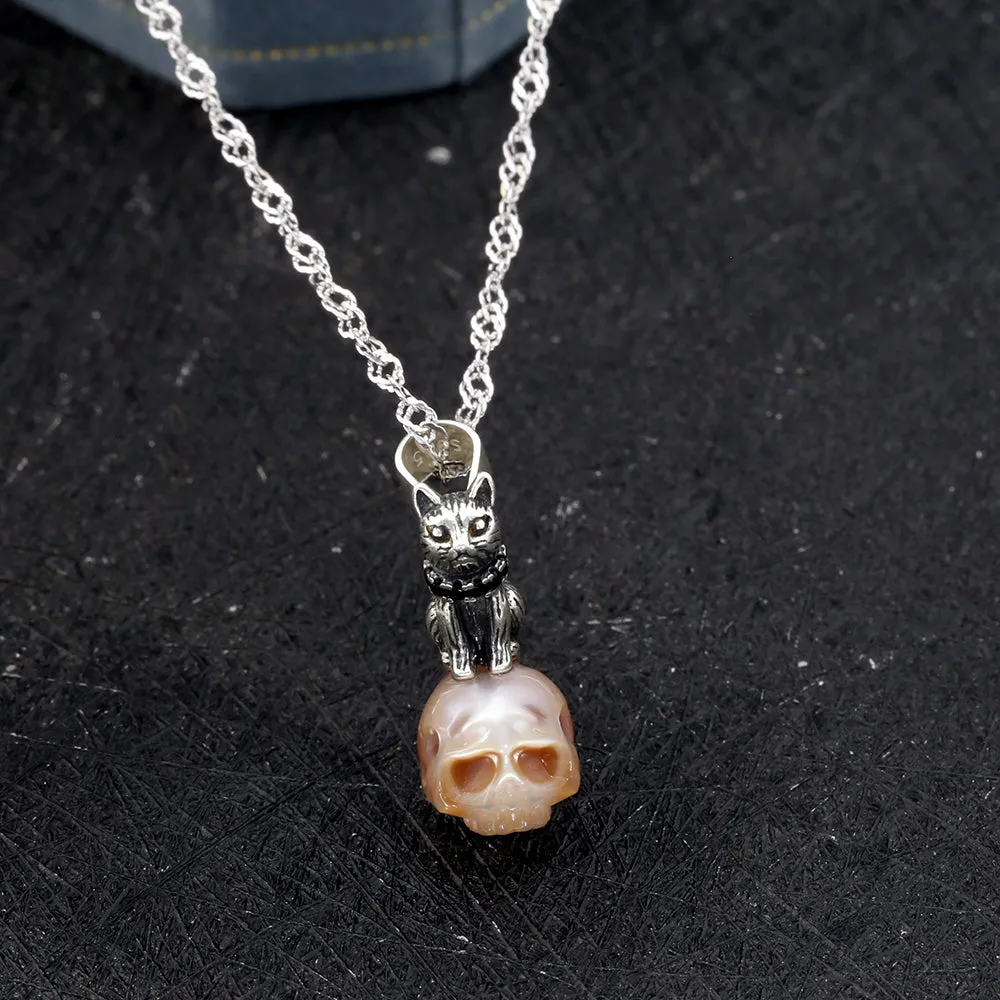 Distressed Celestial Cat Pearl Skull Necklace sold by Belle Juri product image thumbnail 4