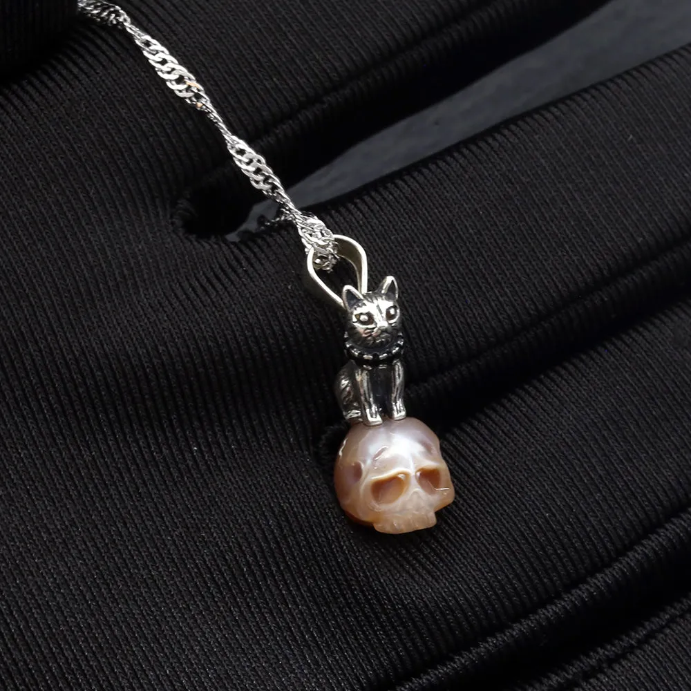 Distressed Celestial Cat Pearl Skull Necklace sold by Belle Juri product image thumbnail 5