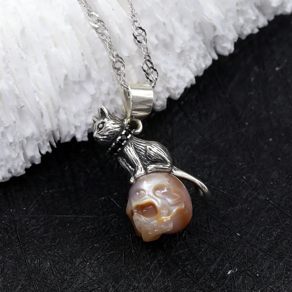 Distressed Celestial Cat Pearl Skull Necklace sold by Belle Juri product image thumbnail 2
