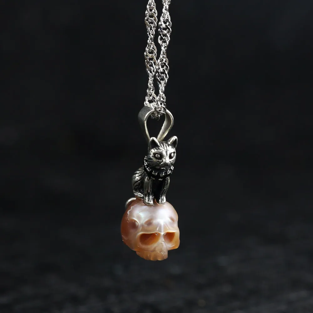 Distressed Celestial Cat Pearl Skull Necklace sold by Belle Juri