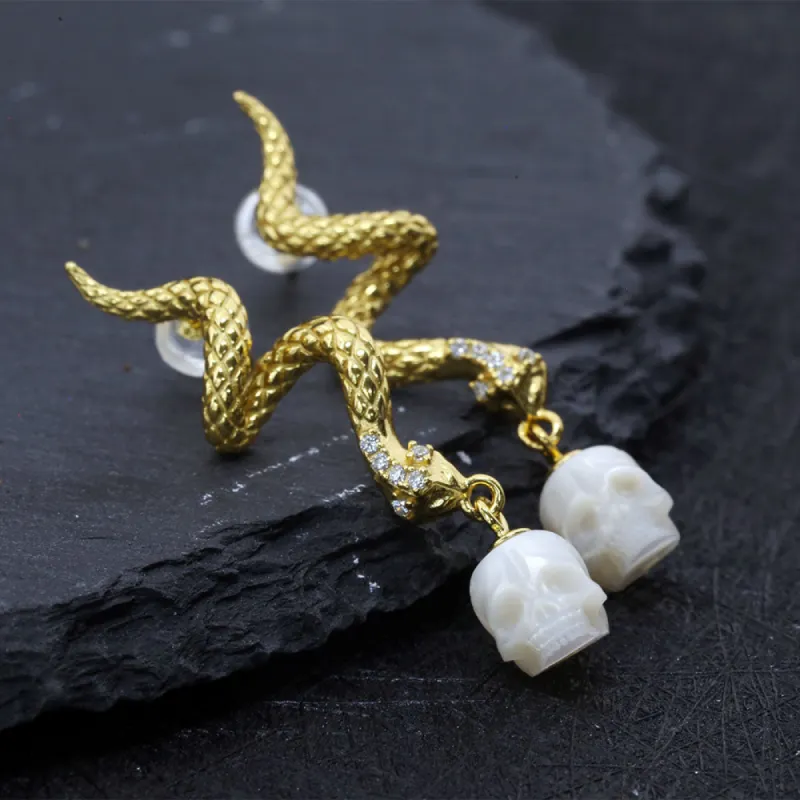 Gold Snake Pearl Skull Earrings sold by Belle Juri