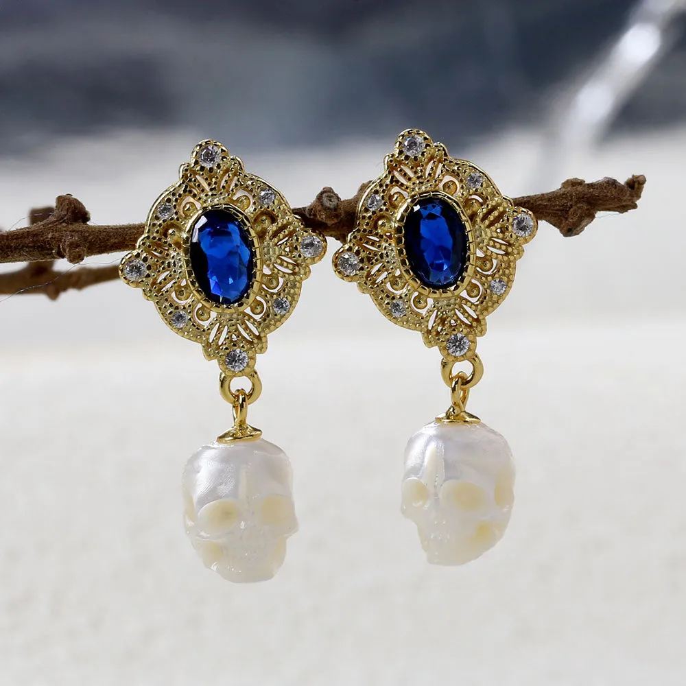 Vintage Blue Gem Pearl Skull Earrings sold by Belle Juri