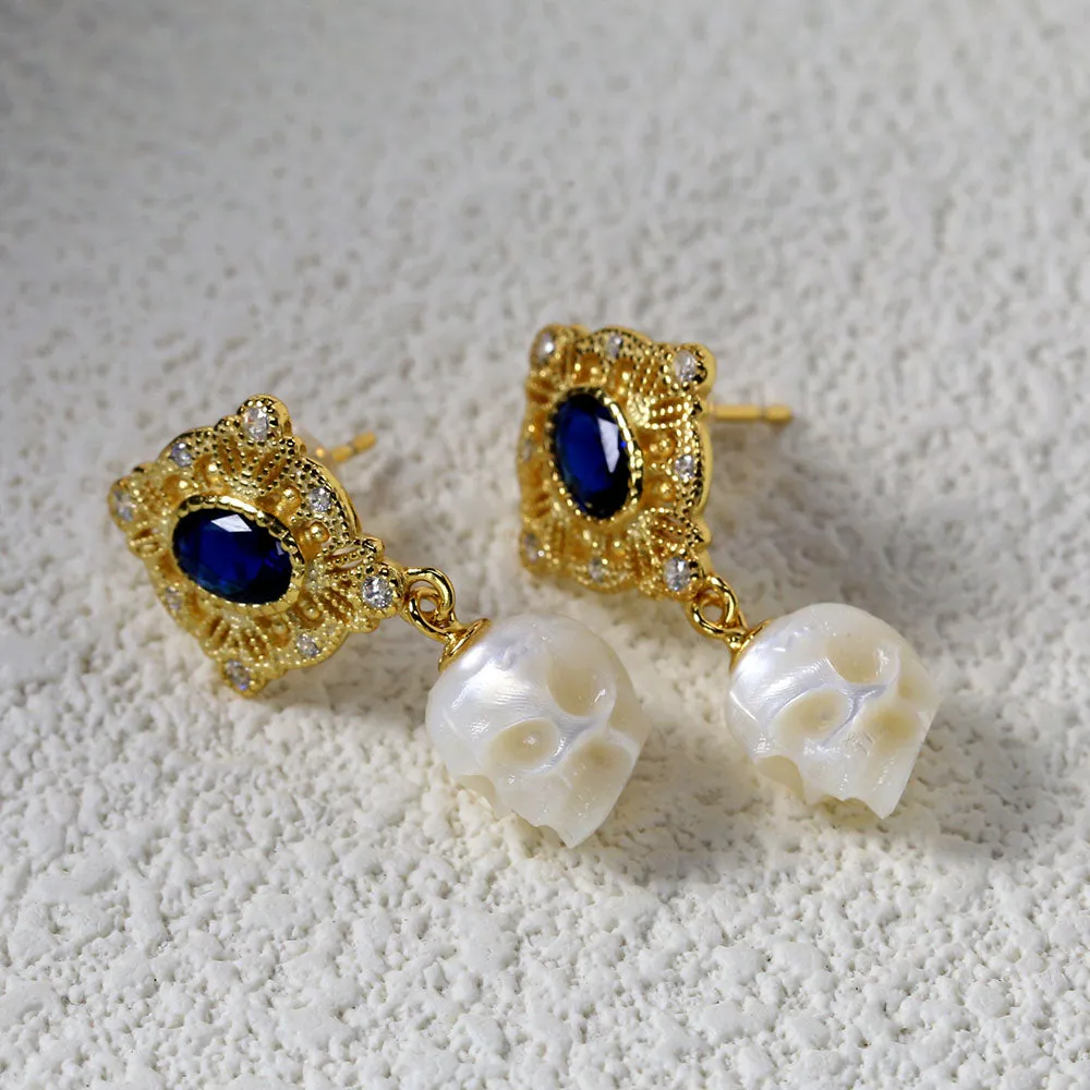 Vintage Blue Gem Pearl Skull Earrings sold by Belle Juri product image thumbnail 4