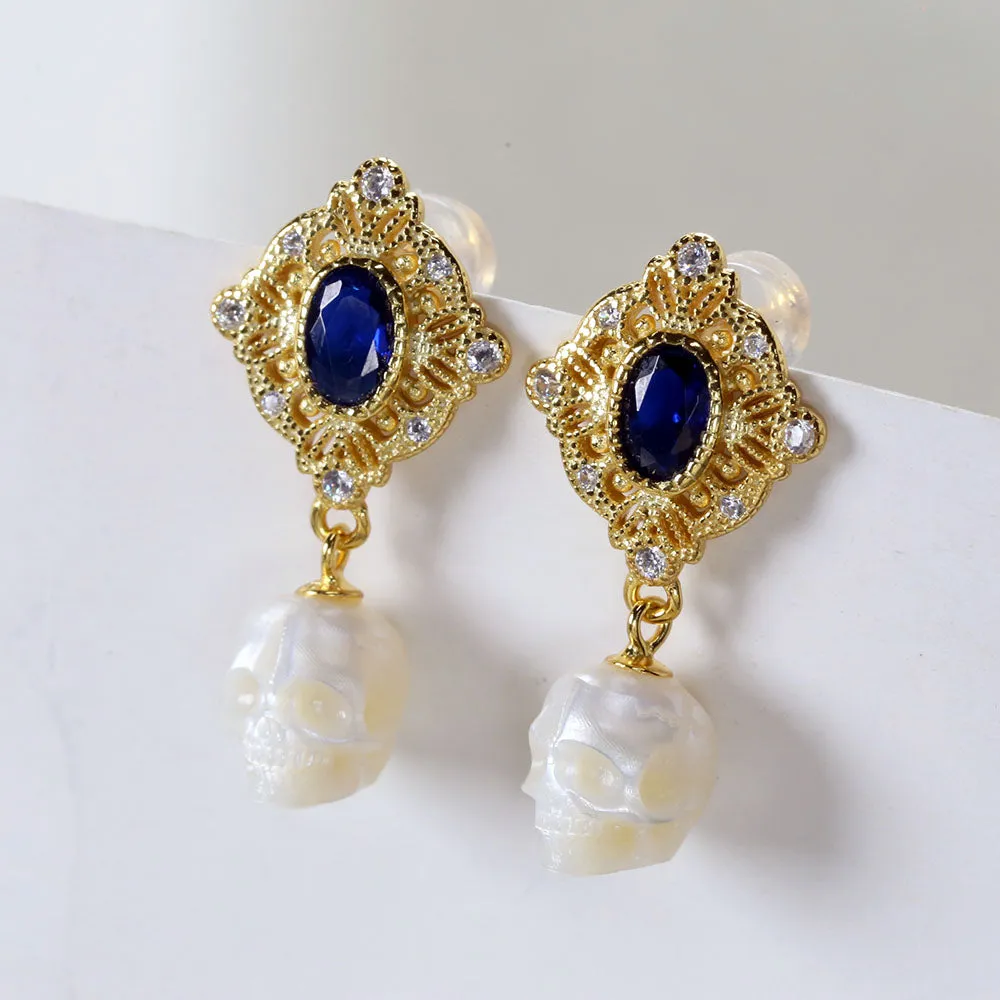 Vintage Blue Gem Pearl Skull Earrings sold by Belle Juri product image thumbnail 3
