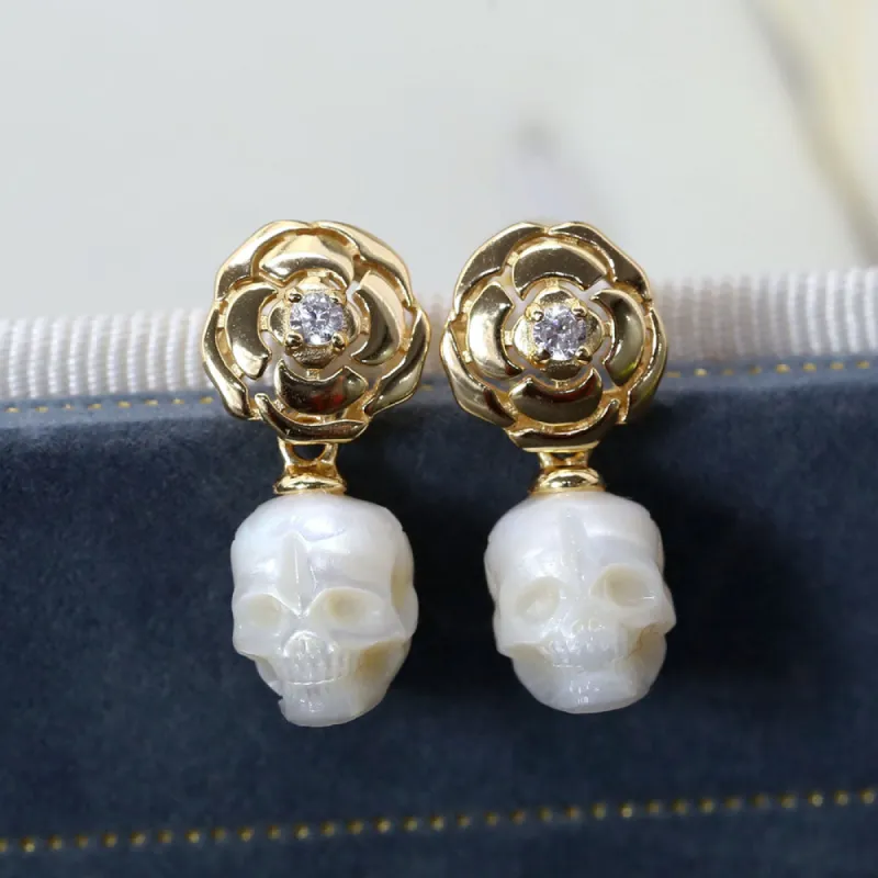 Camellia Pearl Skull Earrings sold by Belle Juri