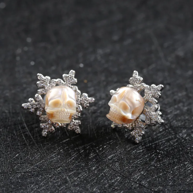 Christmas Snowflake Zircon Pearl Skull Stud Earrings sold by Belle Juri