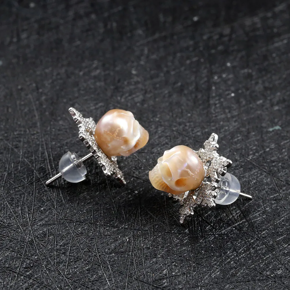Christmas Snowflake Zircon Pearl Skull Stud Earrings sold by Belle Juri product image thumbnail 4