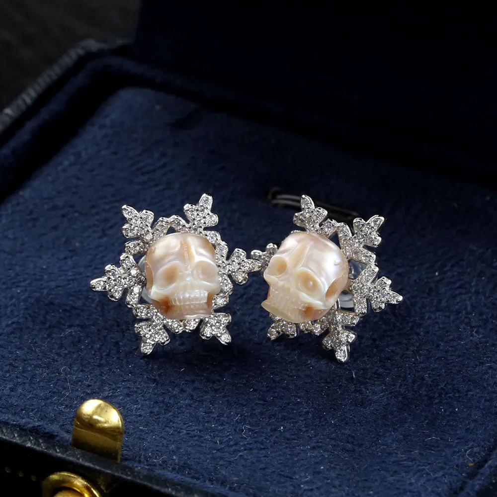 Christmas Snowflake Zircon Pearl Skull Stud Earrings sold by Belle Juri product image thumbnail 2
