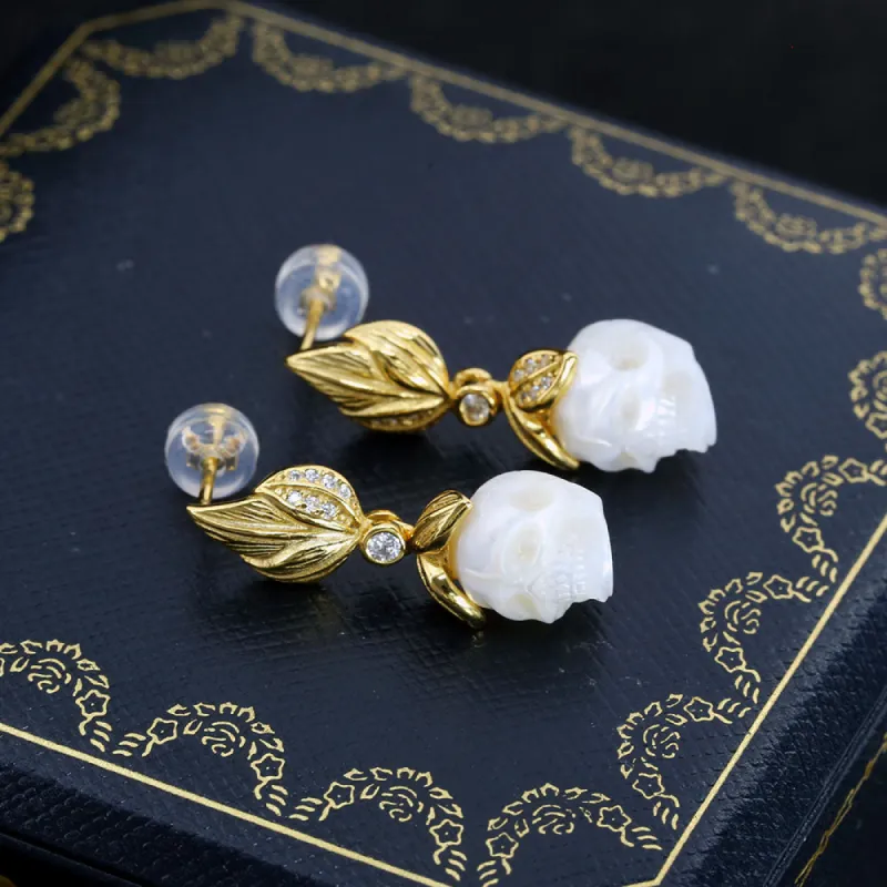 Matte Leaf Pearl Skull Earrings sold by Belle Juri