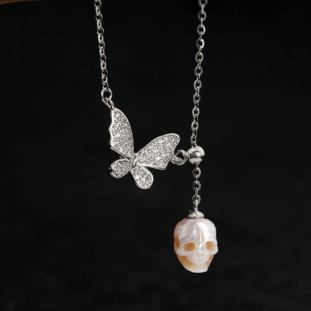 Butterfly Pearl Skull Y-Chain Necklace sold by Belle Juri