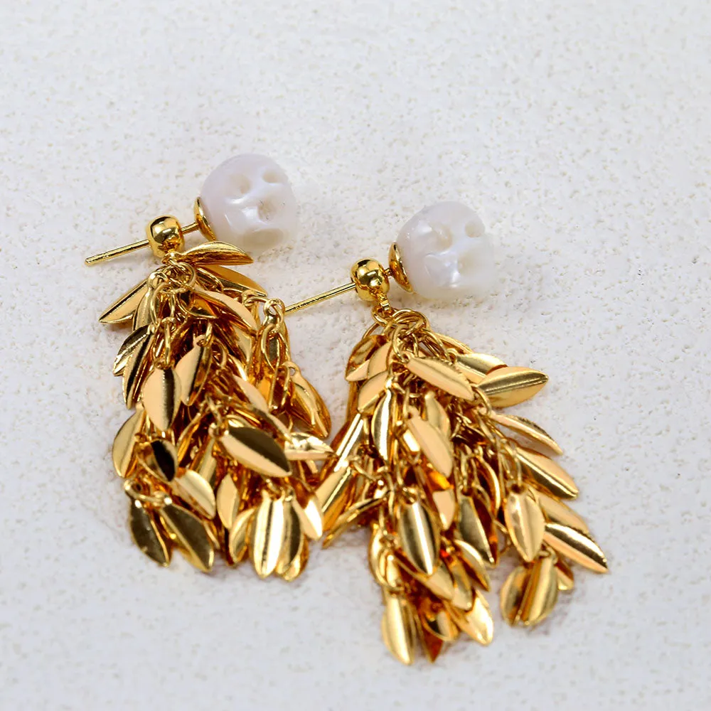 Wheat Spike Feather Tassel Pearl Skull Earrings sold by Belle Juri product image thumbnail 2