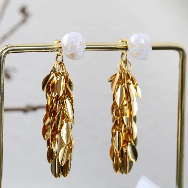 Wheat Spike Feather Tassel Pearl Skull Earrings sold by Belle Juri