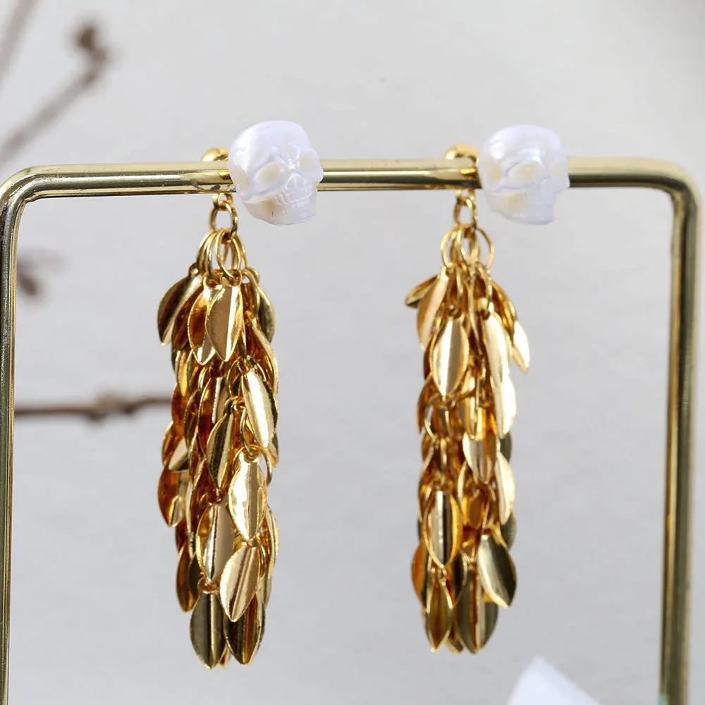 Wheat Spike Feather Tassel Pearl Skull Earrings sold by Belle Juri